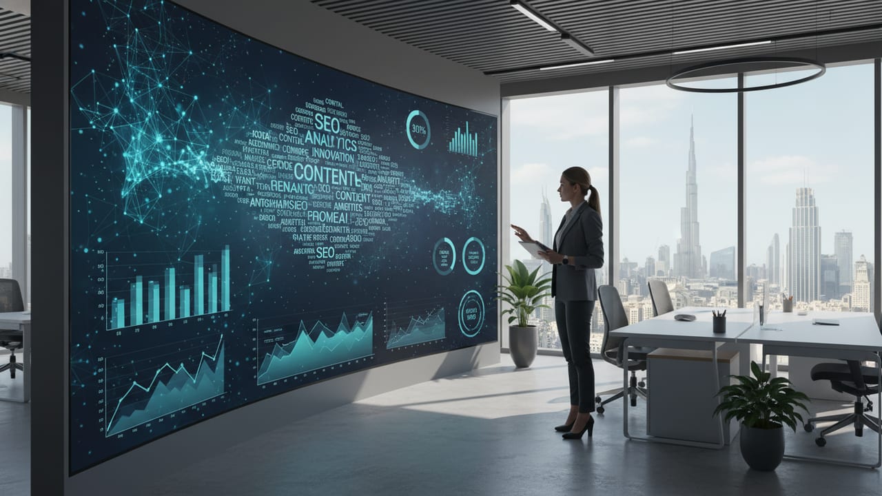 digital marketer reviewing AI-generated SEO data on a laptop with Dubai skyline in background